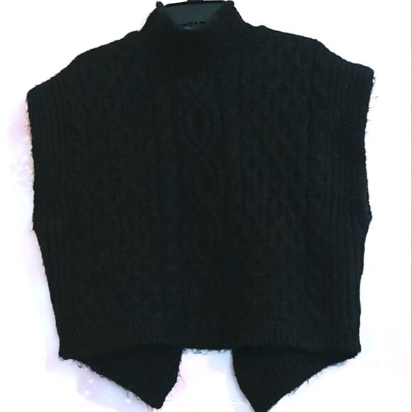 CABLE KNIT BLACK OPEN BACK SWEATER SHAWL WOMEN'S SIZE OSFM - Picture 1 of 5